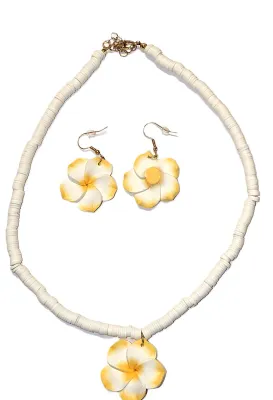 Composite YELLOW & WHITE FLOWER JEWELRY SET with NECKLACE (16" L + White Circle Beads + Gold Tone Lobster Clasp) and Matching...