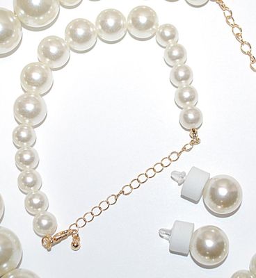 Pearl Style White GLOBES NECKLACE (14" L + Lobster Clasp) & BRACELET (3½" Opening +Toggle) & EARRINGS JEWELRY SET with...