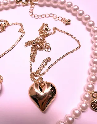 Triple NECKLACES "HEARTS & PEARLS" JEWELRY SET (1. 16" L, Faux Pearls, Hearts + Gold Tone Lobster Clasp)(2. 18"...