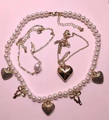 Triple NECKLACES "HEARTS & PEARLS" JEWELRY SET (1. 16" L, Faux Pearls, Hearts + Gold Tone Lobster Clasp)(2. 18"...