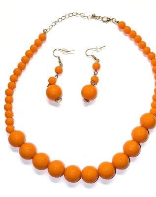 ORANGE GLOBES JEWELRY SET with CHOKER NECKLACE (14" L+ Gold Tone Lobster Clasp) and MATCHING EARRINGS with Wire Hook Clasp
