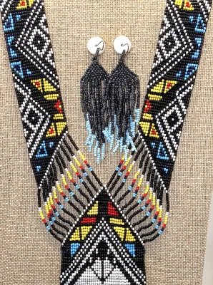 Beautiful Tribal-Style ALL BEADED Multicolor JEWELRY SET with Reversable NECKLACE (36" L) and Black & Blue EARRINGS with Wire...