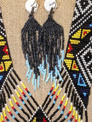 Beautiful Tribal-Style ALL BEADED Multicolor JEWELRY SET with Reversable NECKLACE (36" L) and Black & Blue EARRINGS with Wire...