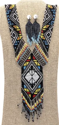 Beautiful Tribal-Style ALL BEADED Multicolor JEWELRY SET with Reversable NECKLACE (36" L) and Black & Blue EARRINGS with Wire...