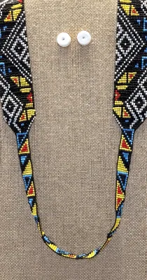 Beautiful Tribal-Style ALL BEADED Multicolor JEWELRY SET with Reversable NECKLACE (36" L) and Black & Blue EARRINGS with Wire...