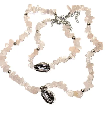 Pale PINK Irregular-Shaped Stones & Shells JEWELRY SET Choker NECKLACE (14" L + Silver Tone Bright Shell + Lobster Clasp) &...