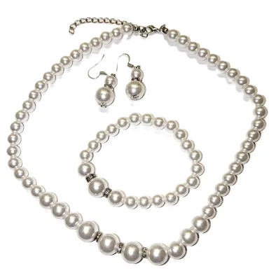 WHITE FAUX PEARLS JEWELRY SET with NECKLACE (17" L + Lobster Clasp) with Matching BRACELET (Stretch + 2" Opening) &...