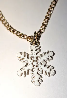 WHITE SNOWFLAKE JEWELRY SET with Gold Tone Chain NECKLACE (17" L + Lobster Clasp) and MATCHING EARRINGS with Wire Hook Clasp