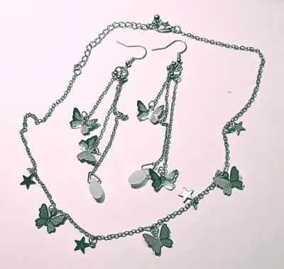 Delicate "BUTTERFLYS & STARS" JEWELRY SET with NECKLACE (16" L + SILVER Tone Chain/Lobster Clasp) and MATCHING Long...