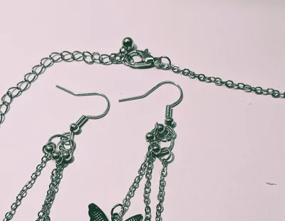 Delicate "BUTTERFLYS & STARS" JEWELRY SET with NECKLACE (16" L + SILVER Tone Chain/Lobster Clasp) and MATCHING Long...