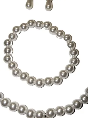 WHITE FAUX PEARLS JEWELRY SET with NECKLACE (19" L + Lobster Clasp) Matching BRACELET (Stretch + 2-3" Adjustable Opening) &...