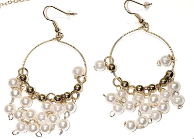 Dangle PEARLS JEWELRY SET with BAR NECKLACE (17" L + Lobster Clasp) with MATCHING Circle EARRINGS and Wire Hook Clasp