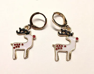 Christmas Holiday REINDEER Enameled NECKLACE (20" L + Pendant Combo) JEWELRY SET with MATCHING EARRINGS with Circle Snap-Close Clasp