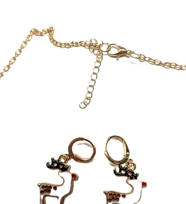 Christmas Holiday REINDEER Enameled NECKLACE (20" L + Pendant Combo) JEWELRY SET with MATCHING EARRINGS with Circle Snap-Close Clasp