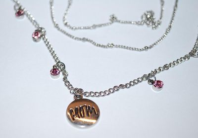Beautiful Delicate 3-Strand Silver Colored Choker NECKLACE with 8 PINK Stones (16" L) JEWELRY SET with Small "MOM"...