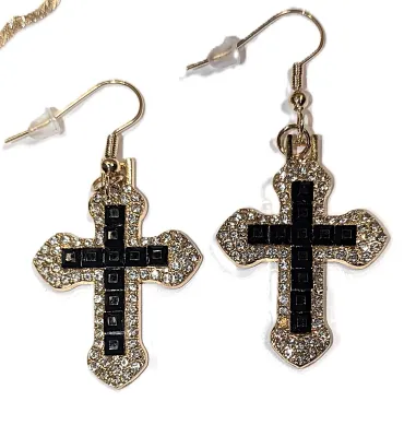 Bejeweled Glittery CROSS JEWELRY SET with NECKLACE (16" L + PENDANT + Black Enameled Inner Rows + GOLD Tone Chain/Lobster Clasp) and...