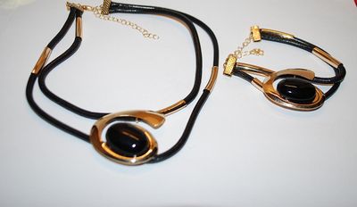 Gold & Black Color Choker NECKLACE (13" L + Lobster Clasp) Contemporary Style JEWELRY SET with Matching BRACELET (2-3"...