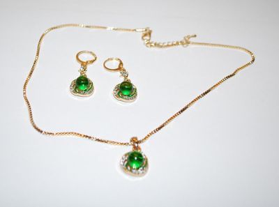 Gold Colored Chain & GREEN GLOBE NECKLACE / PENDANT Combo (16" L + Glass Stone + Lobster Clasp) JEWELRY SET with Green Jeweled...