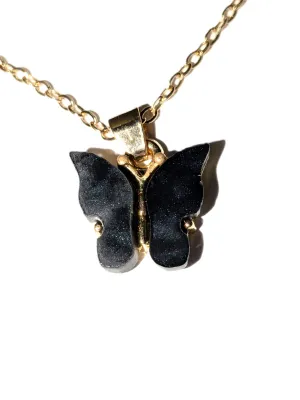 "BLACK BUTTERFLY" JEWELRY SET with NECKLACE (17" L+ Enamel Butterfly Pendant + Gold Tone Lobster Clasp) and MATCHING...