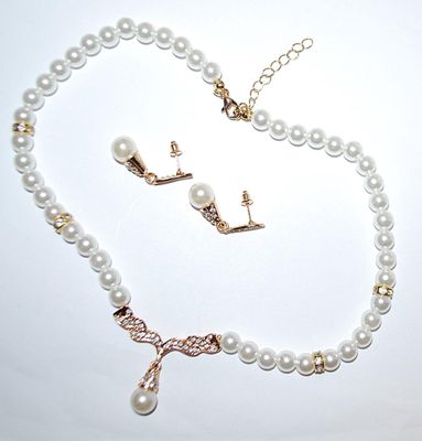 White Faux Pearls NECKLACE (15" L) & EARRINGS JEWELRY SET with Bejeweled Single Pearl Banner, Bejeweled Spacers, Gold Tone...