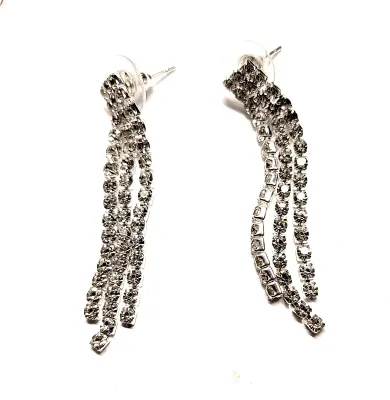 Silver Tone Bejeweled "Twisted Swirled" JEWELRY SET with NECKLACE (18" L+ Lobster Clasp) and Triple Dangles EARRINGS with...
