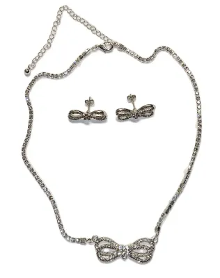 Silver Tone Bejeweled Double BOWTIE JEWELRY SET with NECKLACE (JEWELED CHAIN + 18" L + Lobster Clasp) and Matching Jeweled EARRINGS...