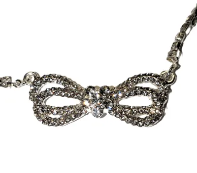 Silver Tone Bejeweled Double BOWTIE JEWELRY SET with NECKLACE (JEWELED CHAIN + 18" L + Lobster Clasp) and Matching Jeweled EARRINGS...
