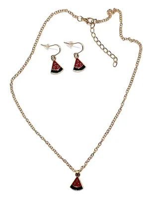 Fun GREEN & RED PIZZA JEWELRY SET with NECKLACE (Gold Tone + 18" L + Lobster Clasp) and MATCHING EARRINGS with Wire Hook Clasp