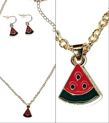 Fun GREEN & RED PIZZA JEWELRY SET with NECKLACE (Gold Tone + 18" L + Lobster Clasp) and MATCHING EARRINGS with Wire Hook Clasp