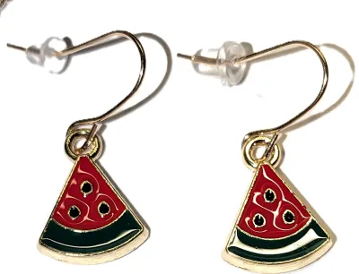 Fun GREEN & RED PIZZA JEWELRY SET with NECKLACE (Gold Tone + 18" L + Lobster Clasp) and MATCHING EARRINGS with Wire Hook Clasp