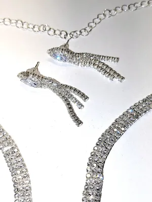 Bejeweled Silver Tone "DANGLES" JEWELRY SET with NECKLACE (14"-16" L + Lobster Clasp) and Matching Jeweled Dangle...