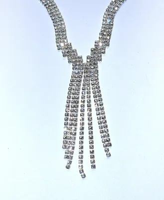Bejeweled Silver Tone "DANGLES" JEWELRY SET with NECKLACE (14"-16" L + Lobster Clasp) and Matching Jeweled Dangle...