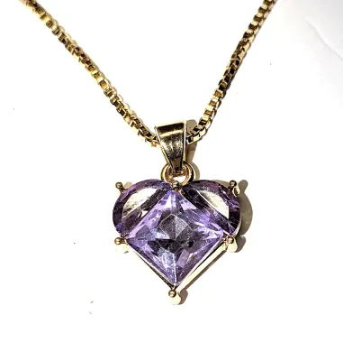 PURPLE HEART JEWELRY SET with NECKLACE (20" L, Beveled Glass Heart + Gold Tone Chain/Lobster Clasp) and MATCHING EARRINGS with Stud...