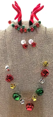 Fun CHRISTMAS HOLIDAY BELLS JEWELRY SET with NECKLACE (Silver Tone 18" L) & BRACELET (Silver Tone, 2"-4" Opening)...
