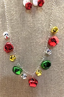 Fun CHRISTMAS HOLIDAY BELLS JEWELRY SET with NECKLACE (Silver Tone 18" L) & BRACELET (Silver Tone, 2"-4" Opening)...