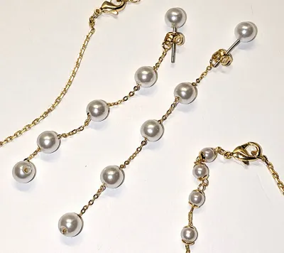 "Pearls, Pearls and More Pearls" JEWELRY SET with NECKLACE (17" L + Single Faux Pearl + Gold Tone Chains) JEWELRY SET with...