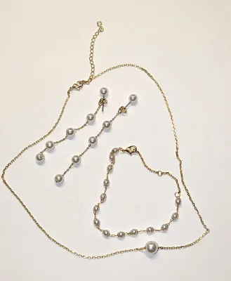 "Pearls, Pearls and More Pearls" JEWELRY SET with NECKLACE (17" L + Single Faux Pearl + Gold Tone Chains) JEWELRY SET with...