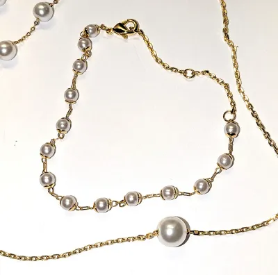 "Pearls, Pearls and More Pearls" JEWELRY SET with NECKLACE (17" L + Single Faux Pearl + Gold Tone Chains) JEWELRY SET with...