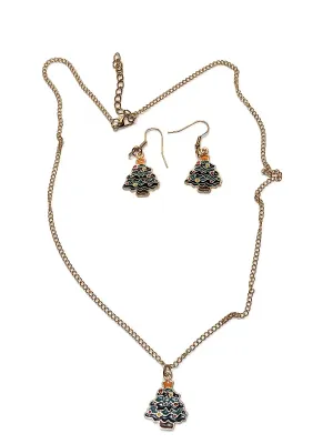 Colorful CHRISTMAS HOLIDAY TREE JEWELRY SET with NECKLACE (20" L + Gold Tone Chain and Lobster Clasp) and MATCHING EARRINGS with...