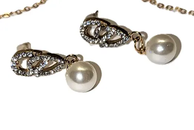 Double BEJEWELED "PEAR LOOPS" FAUX PEARL JEWELRY SET with NECKLACE (18" L, Loops + Gold Tone Chain/Lobster Clasp) and...