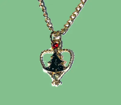 Delicate Colorful GREEN HOLIDAY TREE JEWELRY SET with NECKLACE (17" L + Tiny Red Stone Tree-Top + Gold Tone Chain and Lobster Clasp)...