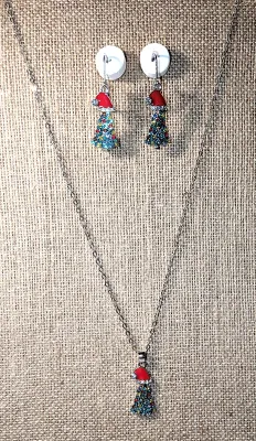 Holiday CHRISTMAS TREE JEWELRY SET with NECKLACE (18"-19" L, Red "Santa Hat" Pendant + Silver Tone Chain/Lobster...