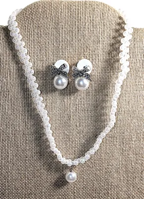 Triple Strands Faux White Pearls JEWELRY SET with CHOKER NECKLACE (14" L + SILVER Tone Lobster Clasp) and Jeweled "BOWTIE"...