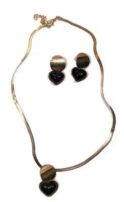 "BLACK HEART & DISK" JEWELRY SET with NECKLACE (14" L + GOLD Tone "Snake" Chain/Lobster Clasp) and MATCHING...