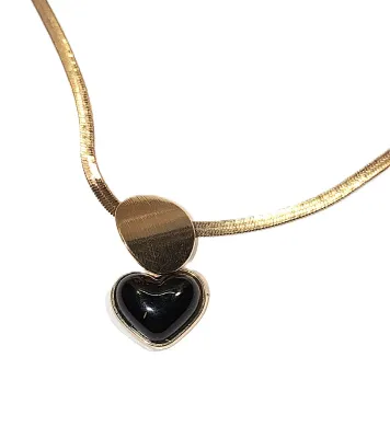 "BLACK HEART & DISK" JEWELRY SET with NECKLACE (14" L + GOLD Tone "Snake" Chain/Lobster Clasp) and MATCHING...