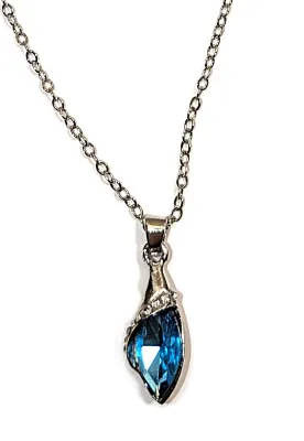 BLUE Beveled Marquise Cut Stone JEWELRY SET with NECKLACE (16"-17" L + Jeweled Nested PENDANT + SILVER Tone Chain/Lobster...