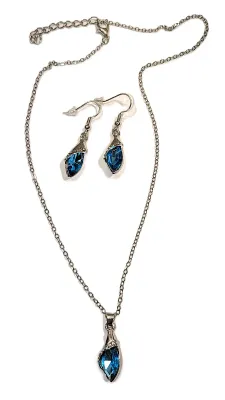 BLUE Beveled Marquise Cut Stone JEWELRY SET with NECKLACE (16"-17" L + Jeweled Nested PENDANT + SILVER Tone Chain/Lobster...