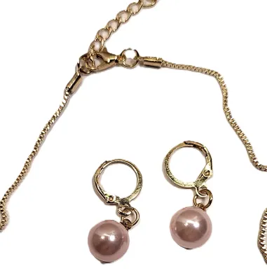 Delicate Single Faux PINK PEARL JEWELRY SET with NECKLACE (16"-17" L, Pearl Pendant + GOLD Tone Tiny Links Chain/Lobster Clasp)...
