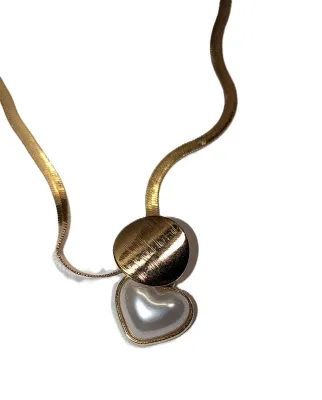 "WHITE HEART & DISK" JEWELRY SET with NECKLACE (14" L + GOLD Tone "Snake" Chain/Lobster Clasp) and MATCHING...