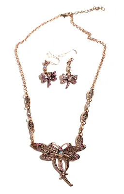 *** NEW ARRIVAL *** Beautiful Jeweled Rose Gold BUTTERFLY JEWELRY SET/Choker NECKLACE (12" L, Iridescent Stones, Chain Accents +...